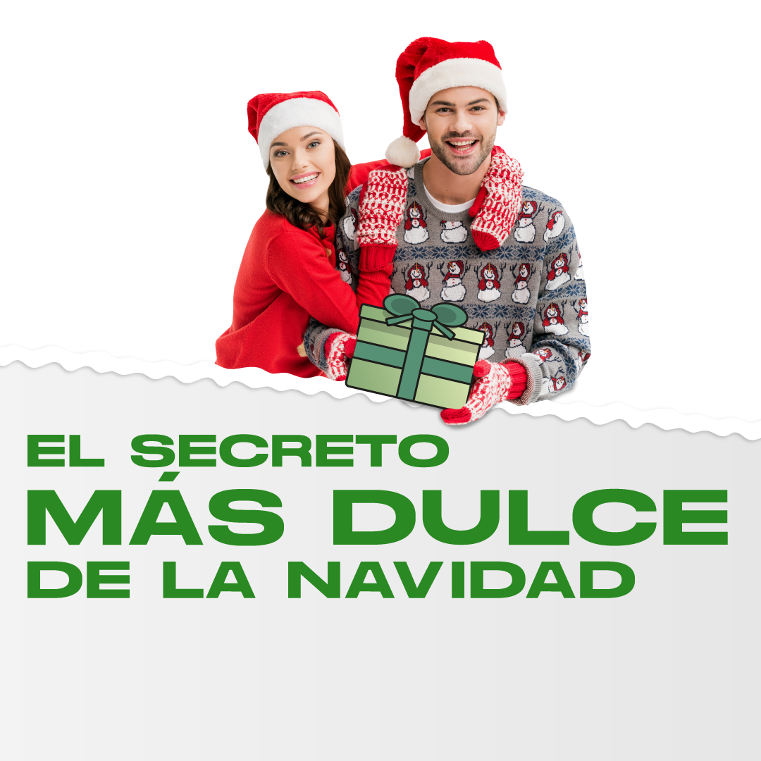 hombre y mujer con gorros de papa noel y un regalo