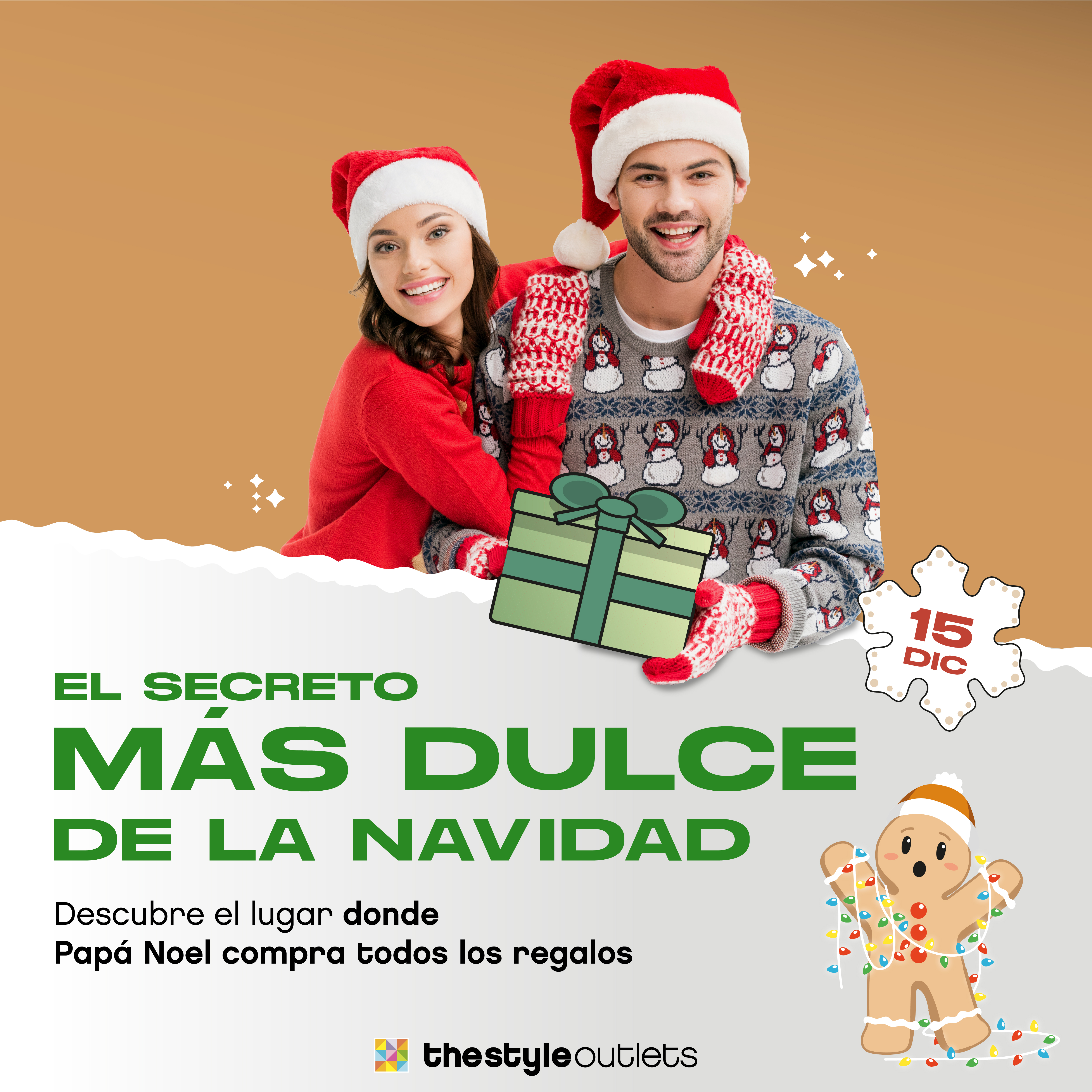 man and woman with Christmas theme smiling and embracing